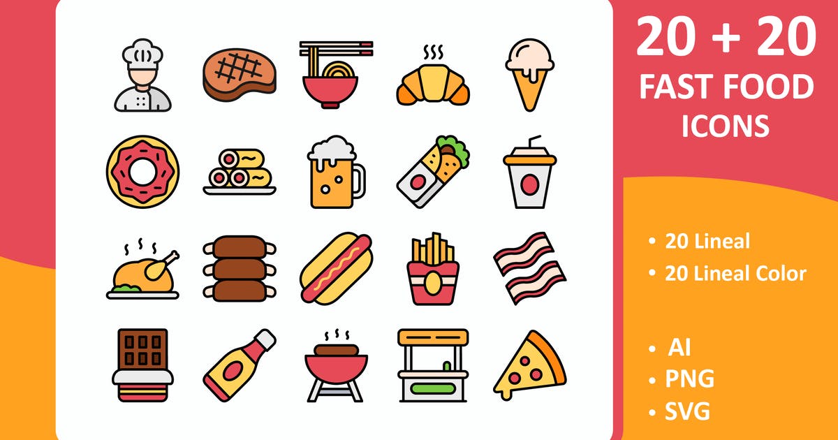 扁平化设计风格美食餐饮图标素材 Fast Food Icons ( Line + Colored Line )插图