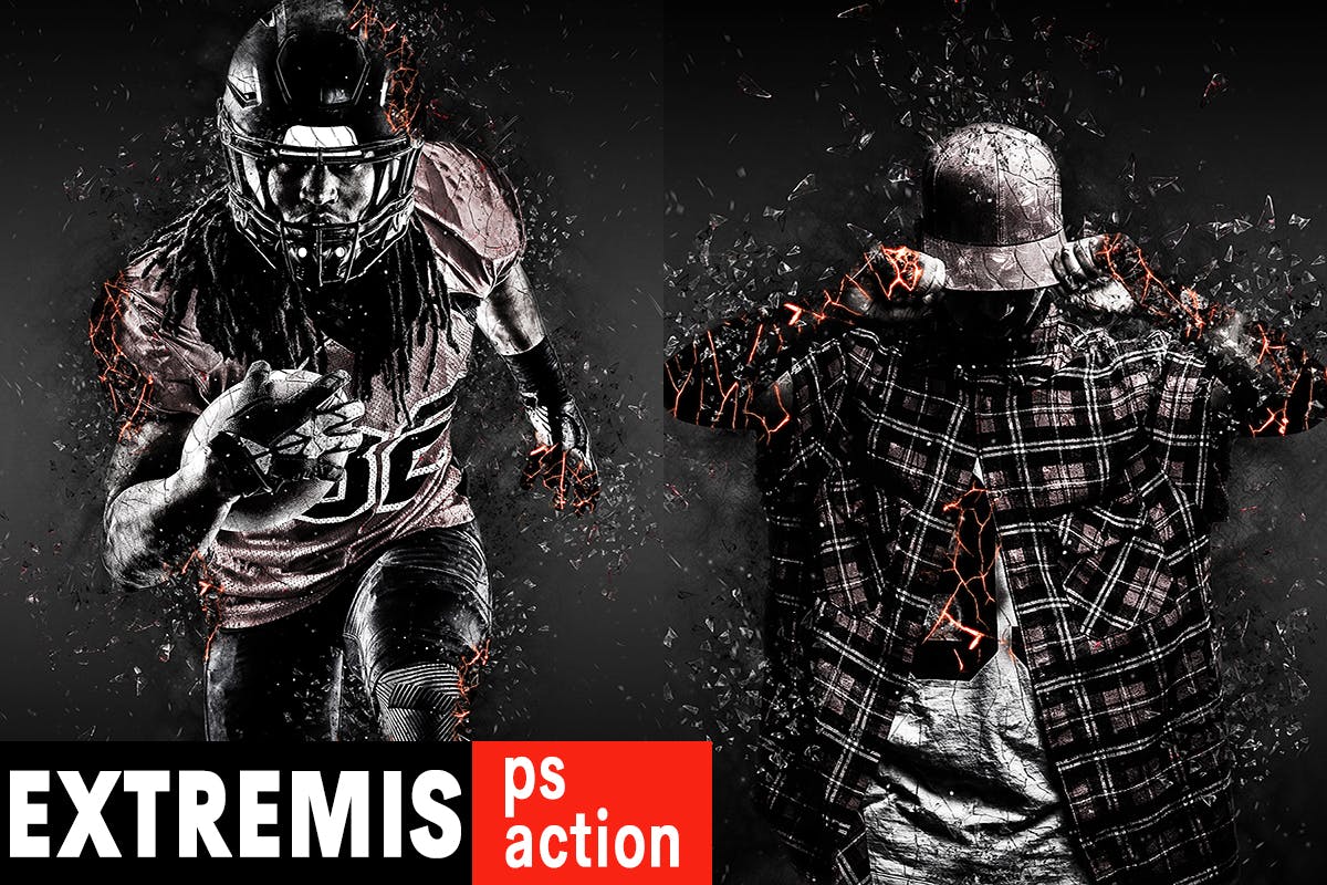 破碎玻璃和颗粒燃烧照片动感特效PS动作 Coal Extremis Photoshop Action插图