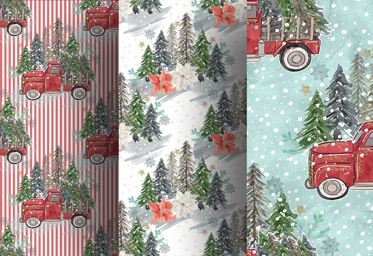 圣诞节礼物卡车数码纸张背景素材 Christmas Car digital paper pack插图(1)