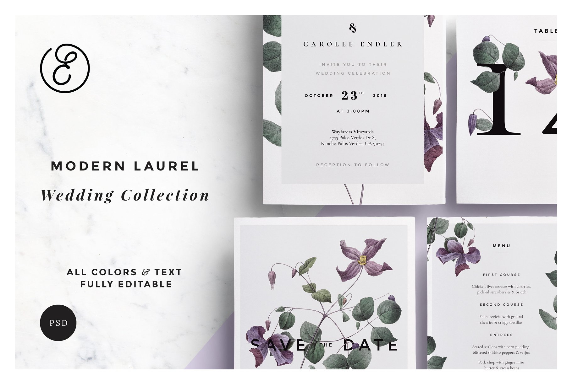 现代优雅花卉装饰婚礼邀请设计套件 Modern Laurel P.1 Wedding Collection插图