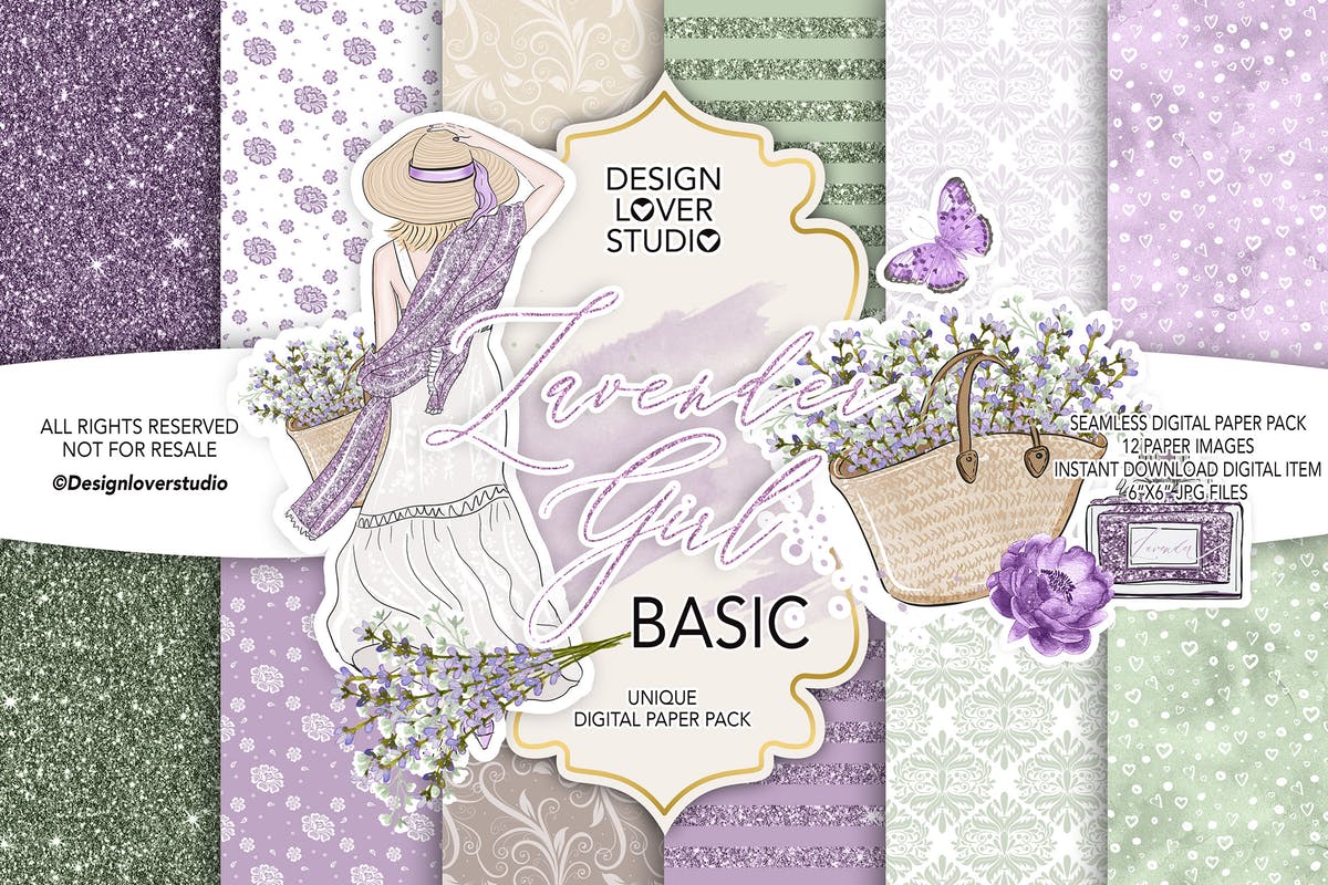薰衣草女孩主题闪粉&花卉图案纸张纹理套装 Lavender Girl BASIC paper pack插图