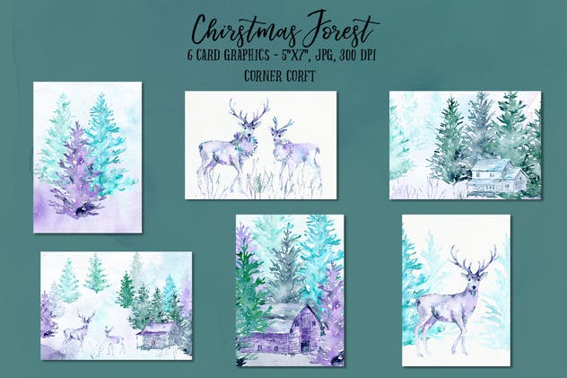 水彩圣诞森林插画合集 Watercolor Christmas Forest插图(2)