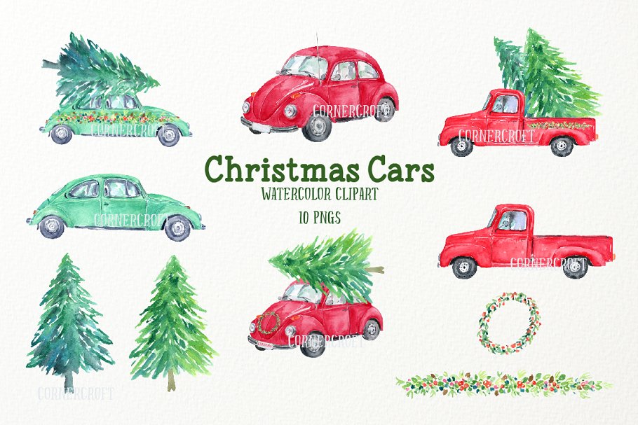 圣诞节主题汽车水彩剪切画 Watercolour Christmas Cars插图(2)