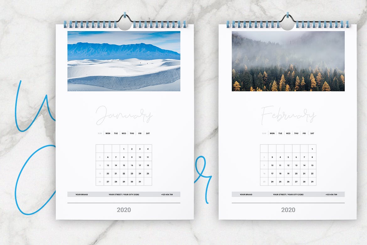 2020年风景照片挂墙活页日历设计模板 Wall Calendar 2020 Layout插图(1)