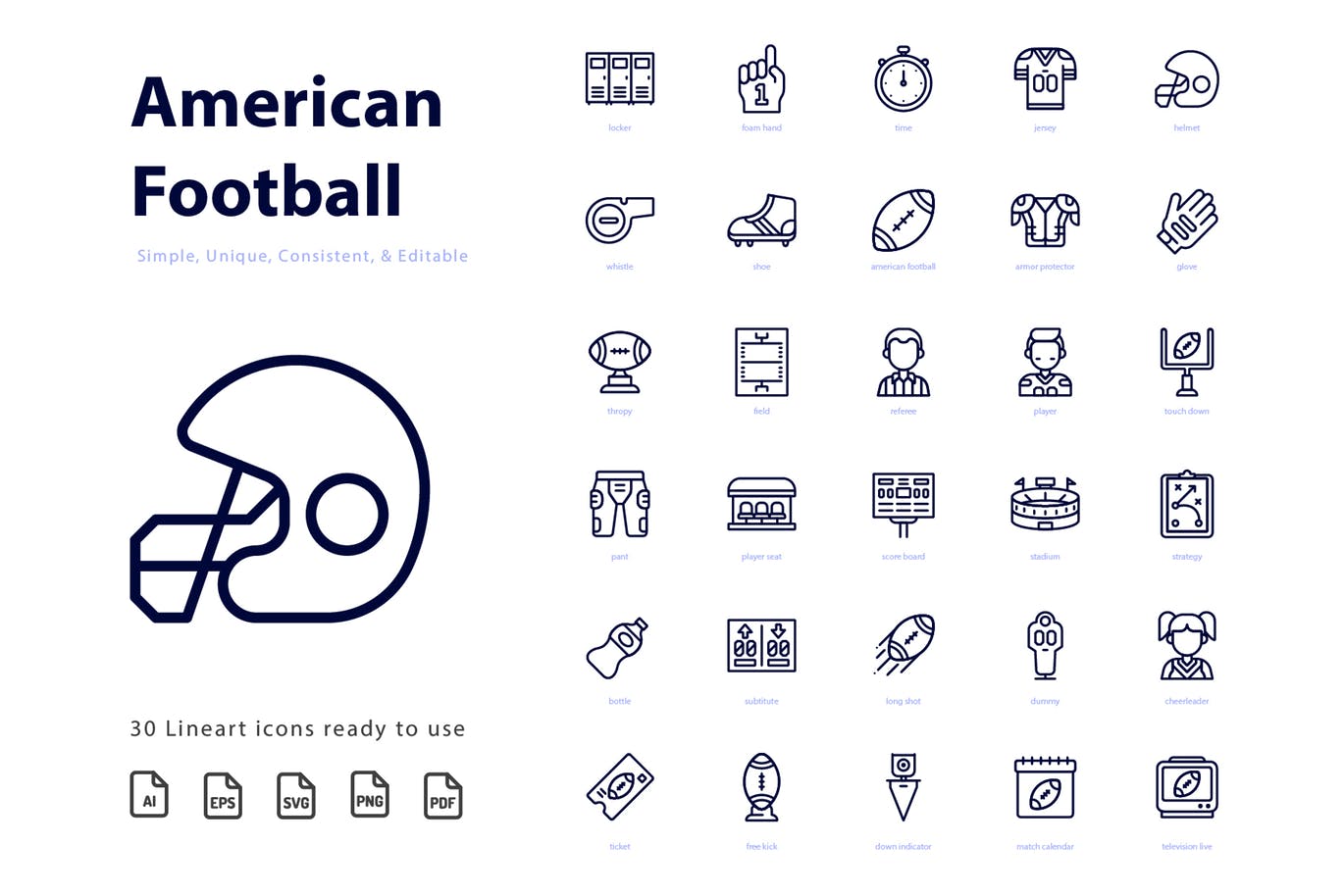 体育运动-美式足球橄榄球主题线性图标 American Football (Line)插图(1)
