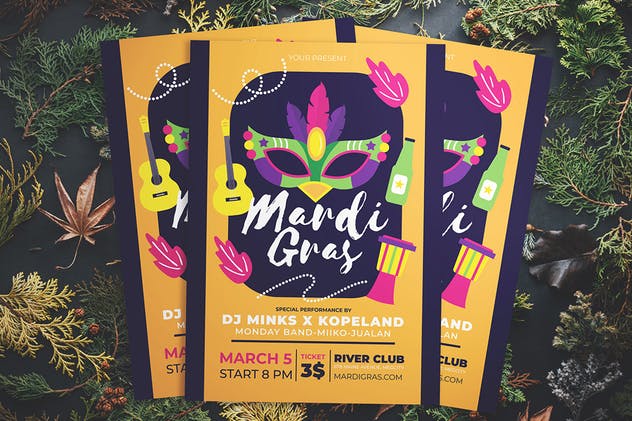 蒙面狂欢派对活动海报设计模板 Mardi Gras Party Flyer插图(2)