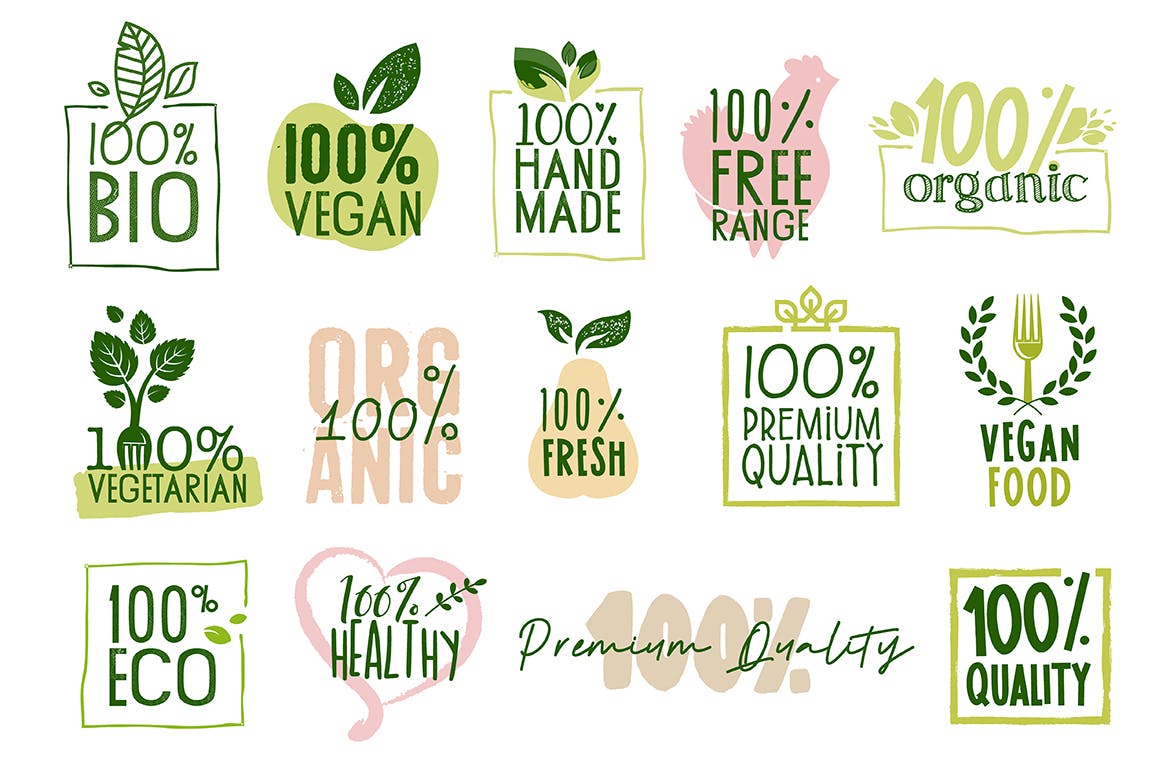 有机食品标志标签和徽章设计模板素材 Organic Food Labels and Badges Collection插图(1)