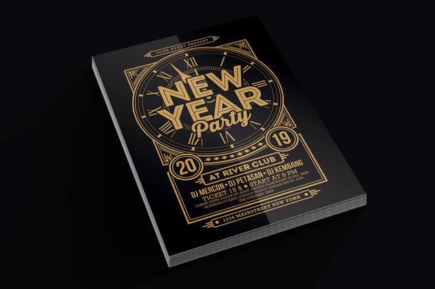 2019新年主题黑金设计风格海报设计模板 New Year Party 2019插图(1)