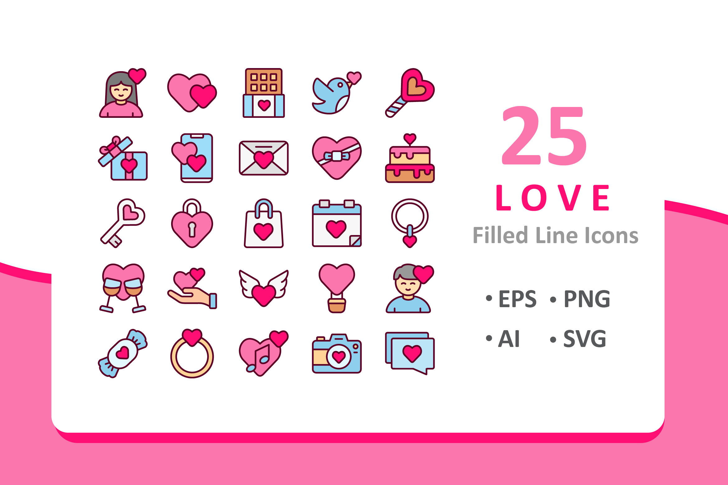 25枚爱情主题填充图标素材 25 Love Icons – Filled Line插图
