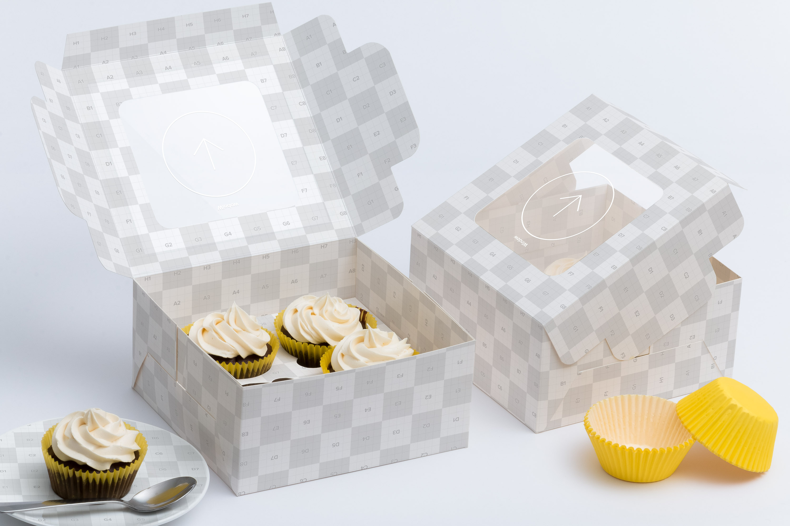 四只装纸杯蛋糕礼盒包装外观设计样机 Four Cupcake Box Mockup 01插图(1)