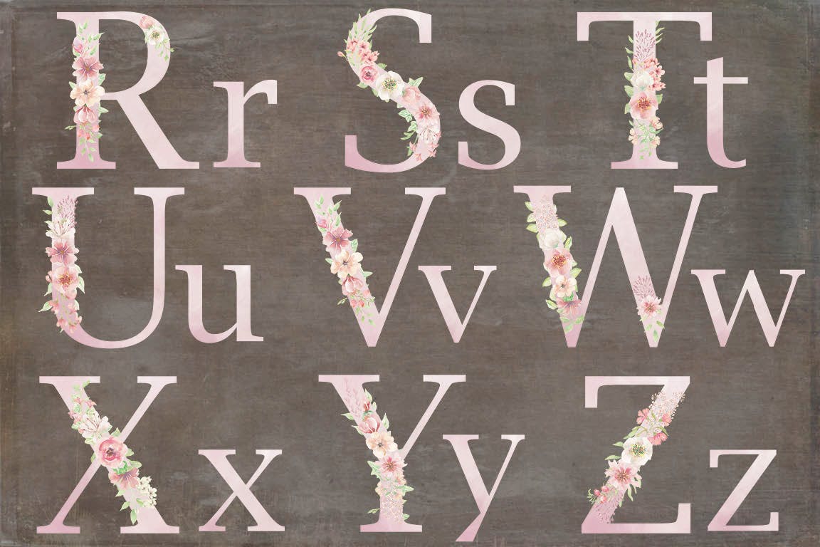 粉色水彩花卉字母和数字设计艺术字剪贴画PNG素材 Pink Watercolor Floral Letters and Numbers插图(4)