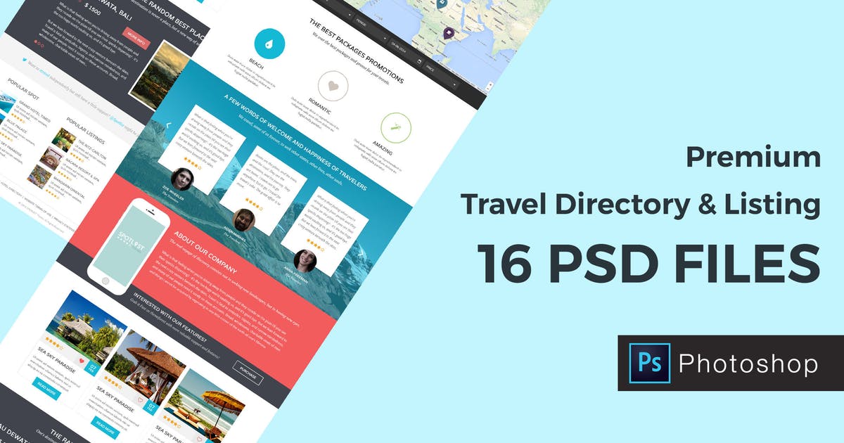 旅游指南＆景点列表网站设计PSD模板 Travel Directory and Listing PSD Template插图