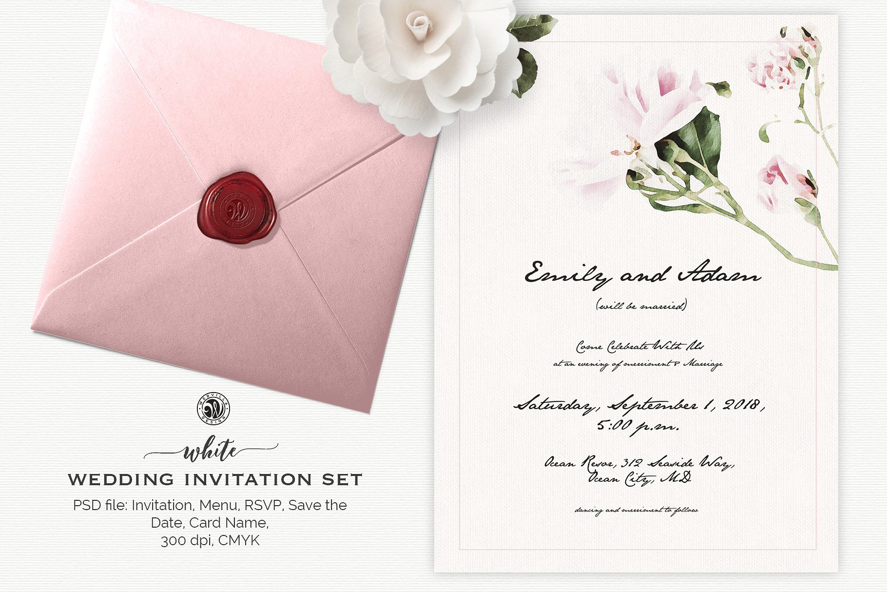 白色结婚邀请函设计模板素材 White Wedding Invitation Set插图