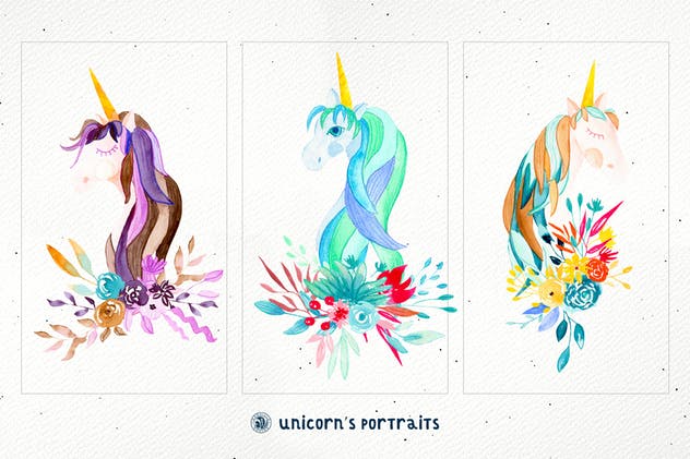 创意独角兽动物肖像水彩插画 Unicorn’s Portraits插图(6)