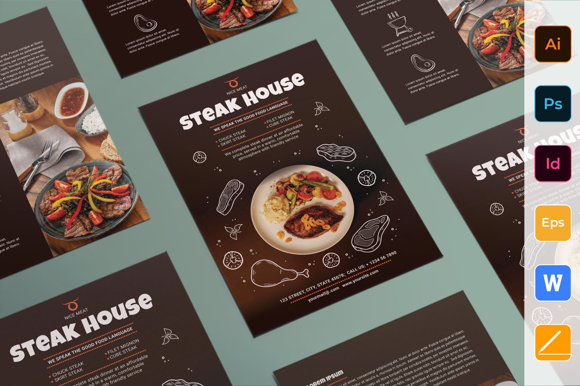 复古棕色餐厅宣传广告海报/菜单设计模板 Steak House Flyer插图