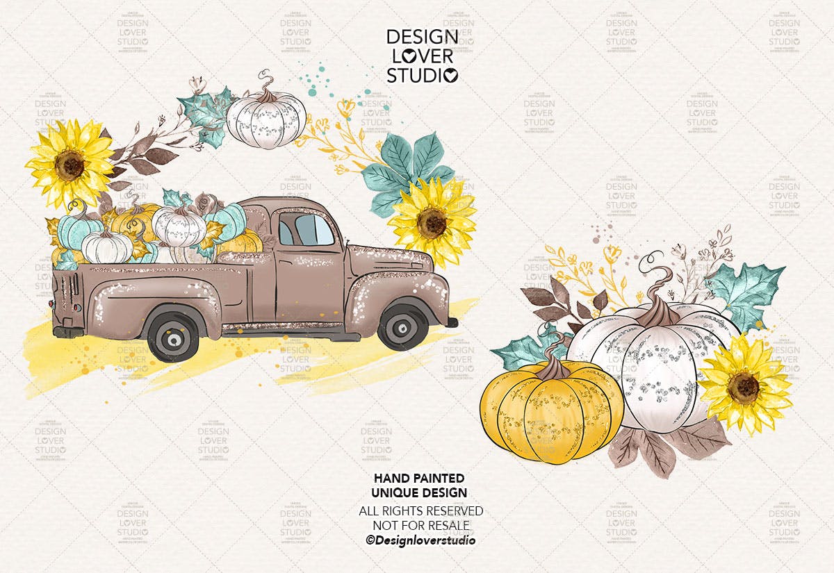 感恩节主题风格南瓜卡车手绘图案背景素材 Thanksgiving car design插图(3)