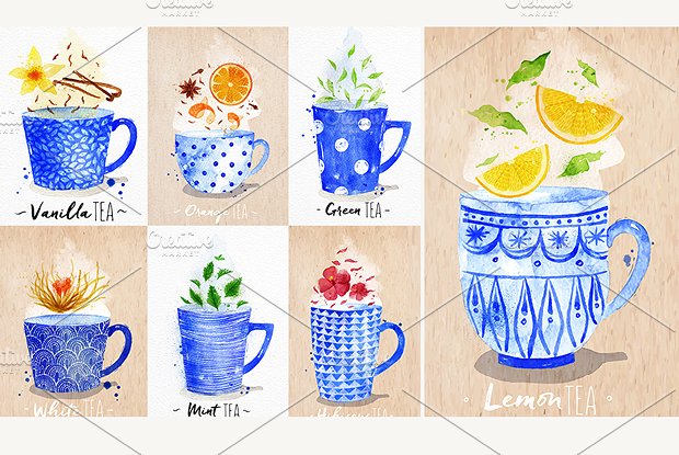 美丽如诗现代茶饮水彩菜单 Watercolor Tea Menu插图(2)
