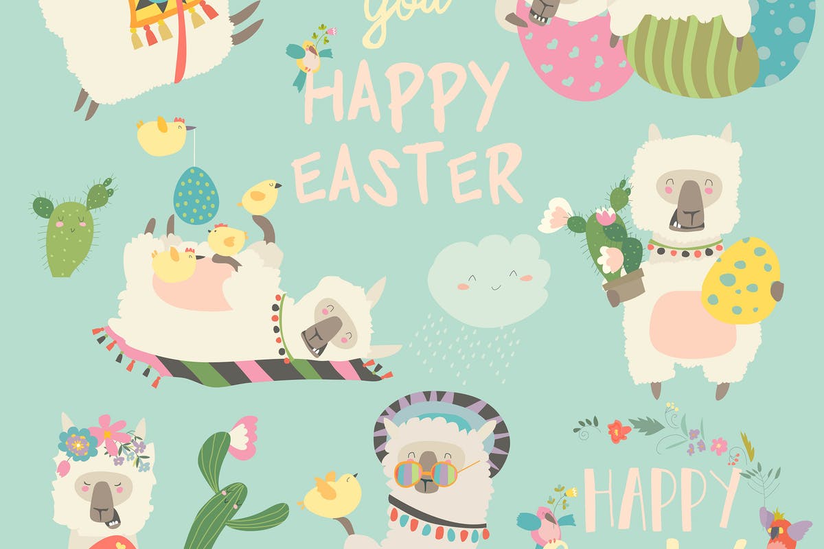 可爱骆驼/羊驼/复活节彩蛋矢量插画 Cute llama or alpaca with Easter eggs. Vector set插图