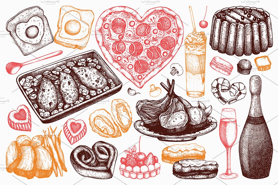 情人节主题配色食品和饮料手绘插画 Food & Drinks for Valentine’s Day插图(1)