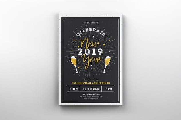 香槟图形新年祝酒会年会2019新年海报设计模板 New Year 2019 Flyers插图(4)