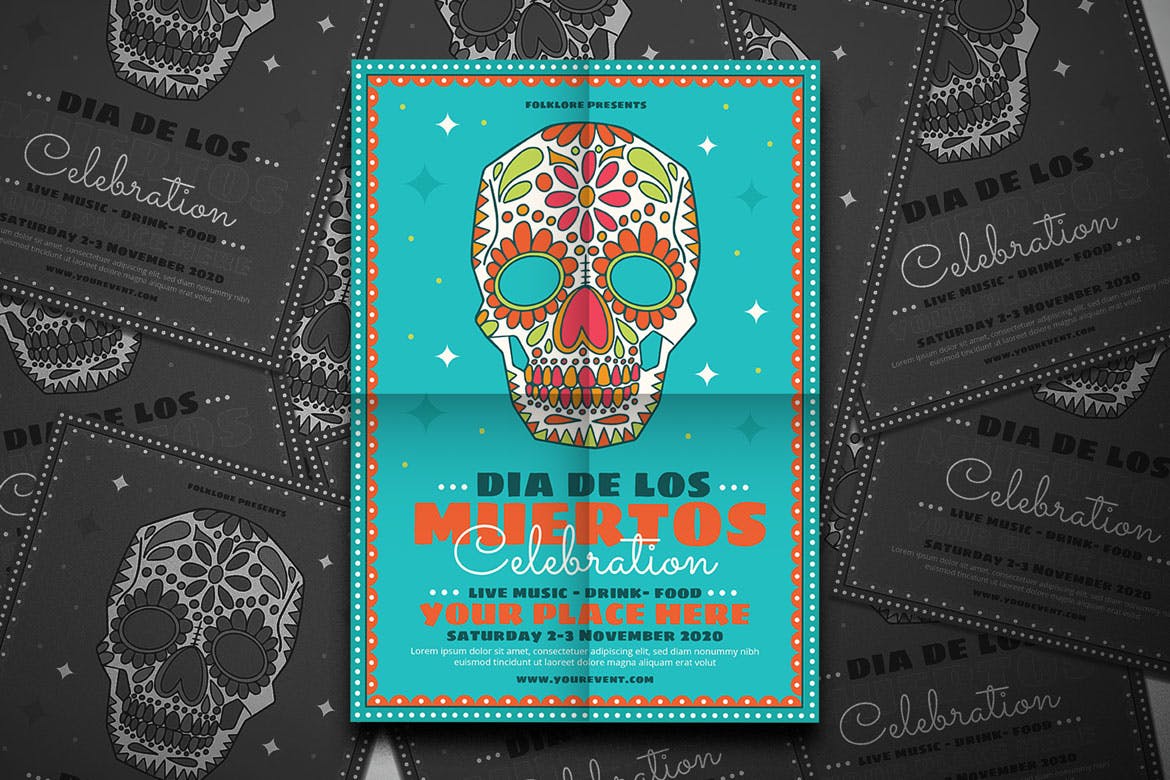 墨西哥亡灵节现场音乐会表演宣传海报设计模板 Dia De Los Muertos Festival插图(1)