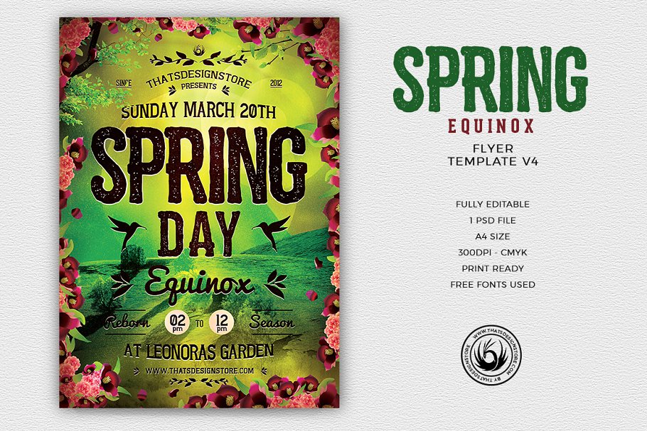 复古春季派对活动宣传传单PSD模板 Spring Equinox Flyer PSD V4插图