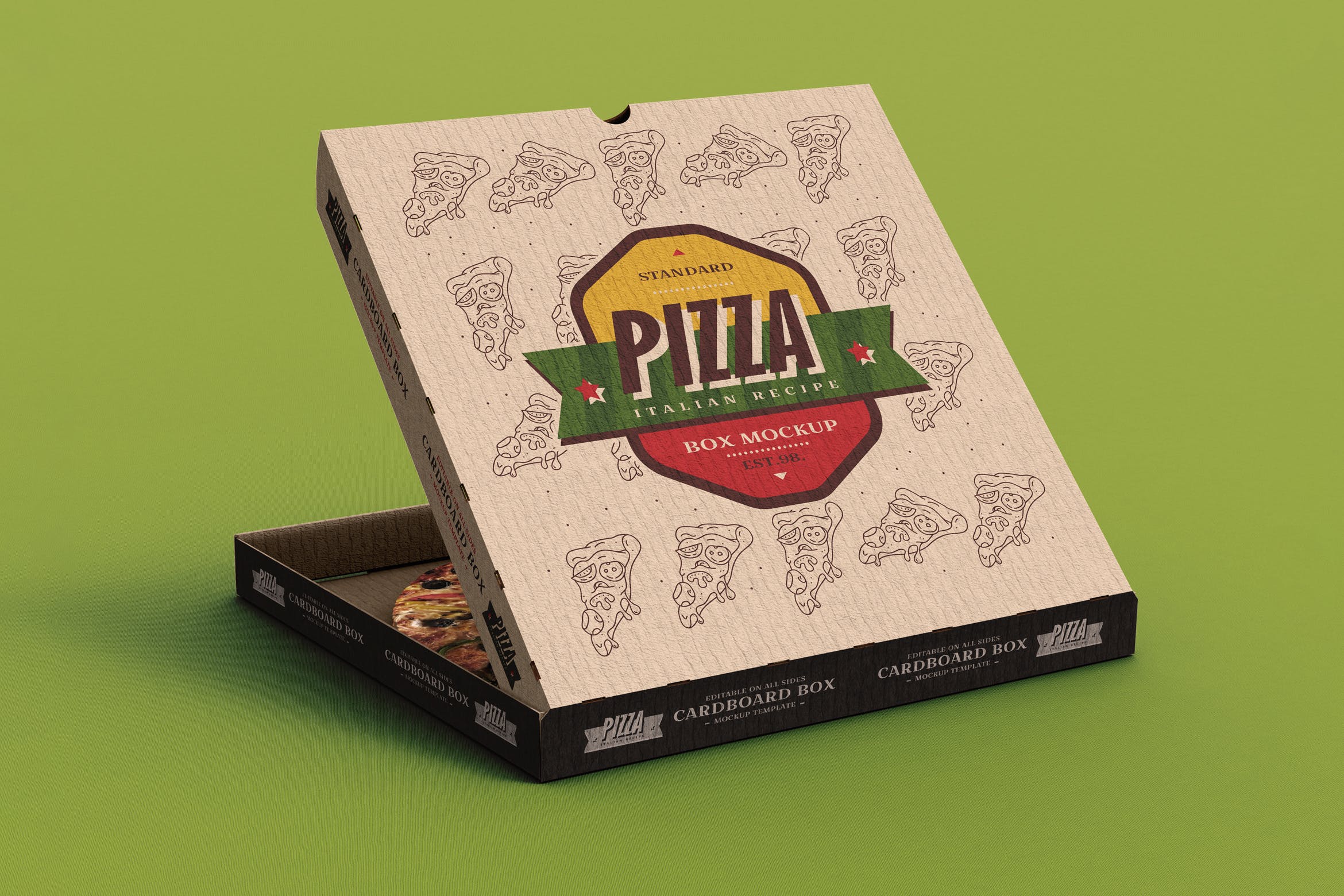 披萨包装盒外观设计效果演示样机模板 Pizza Box Mock-Up Template插图