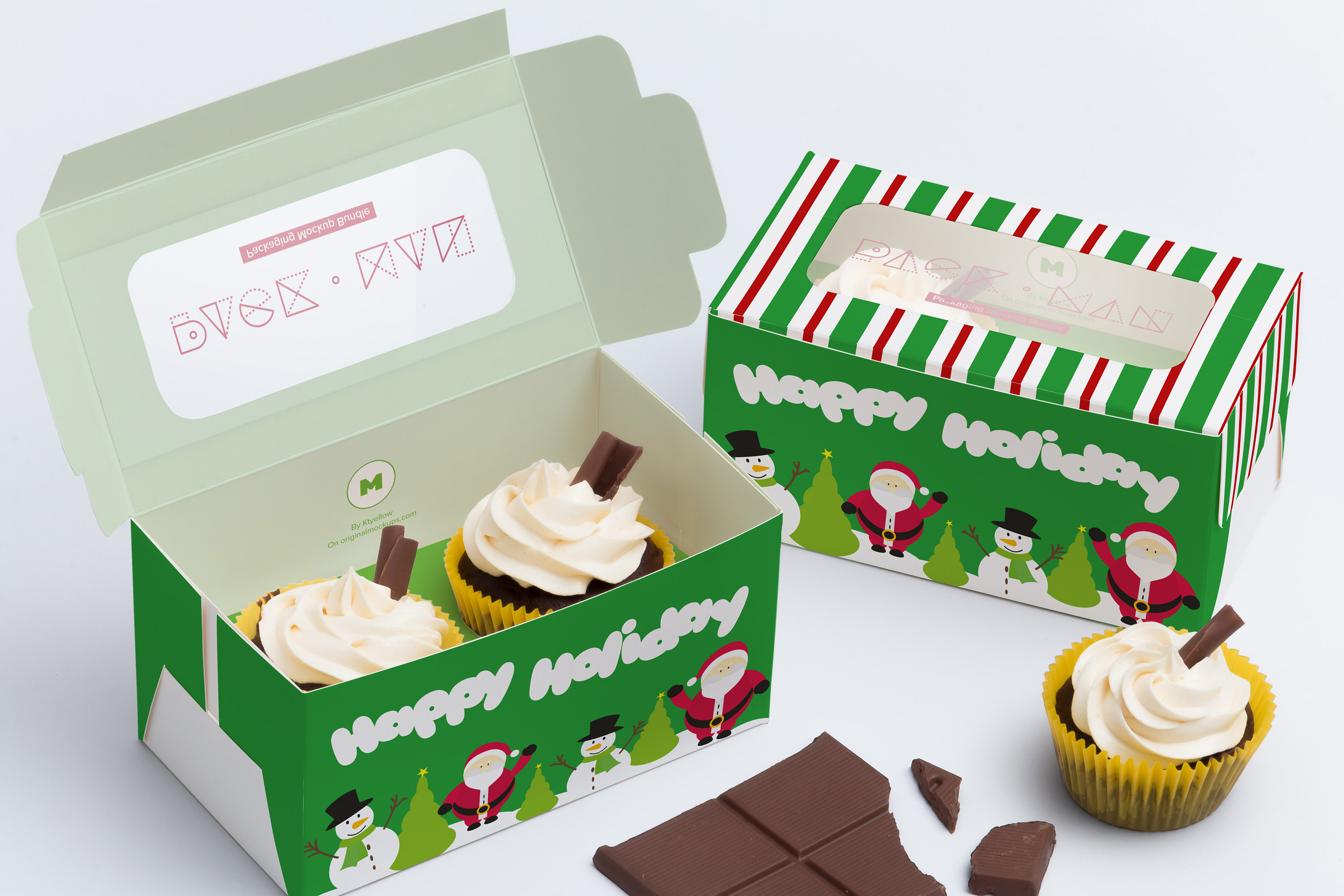 两只装纸杯蛋糕包装盒设计效果图样机01 Two Cupcake Box Mockup 01插图(1)