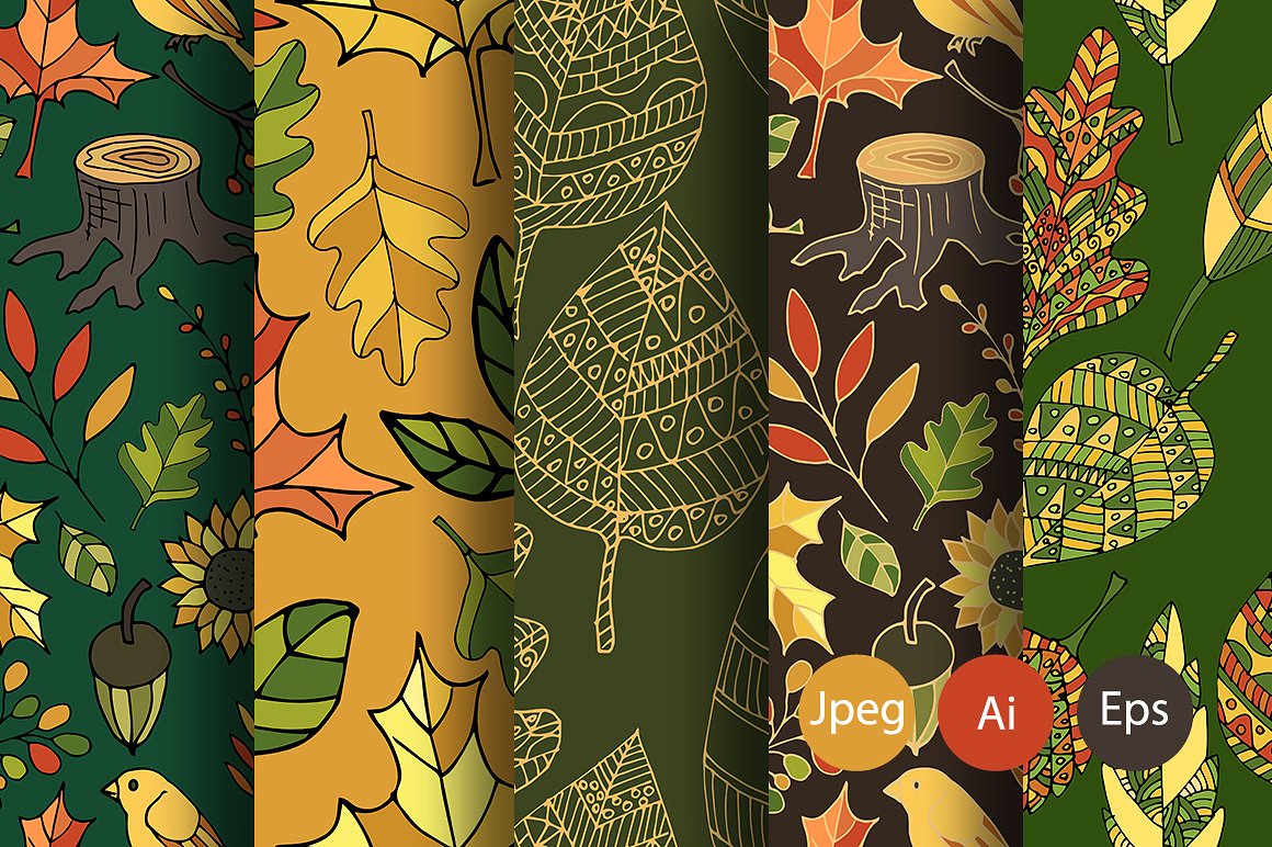 10款秋季树叶落叶的无缝模式背景下载 Autumn Seamless patterns [ai,eps,jpg]插图(2)
