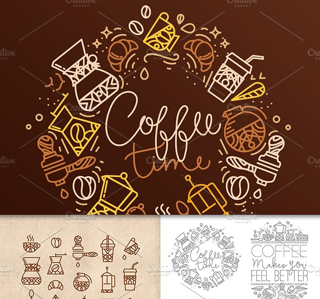 咖啡主题扁平化手绘线条图标插画 Coffee flat icons插图