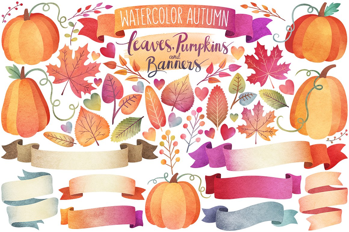 秋天树叶&Banner水彩剪贴画  Watercolor Autumn Leaves & Banners插图