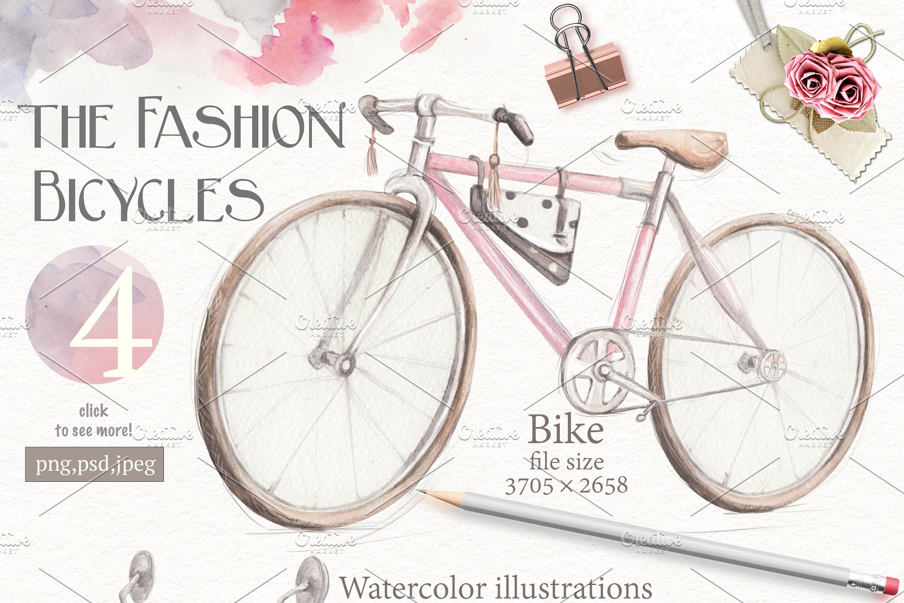 优雅文艺风自行车与玫瑰手绘插画元素 Bicycles and roses插图(1)