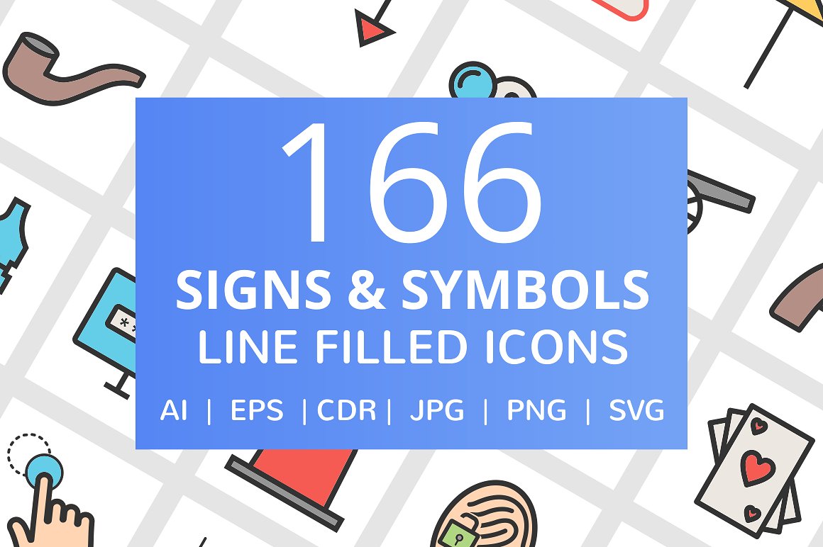 166个符号和符号填充线图标插图