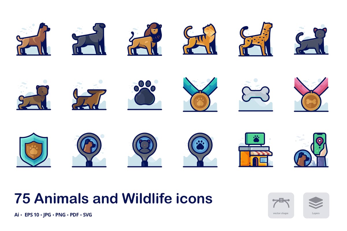 动物世界描边矢量图标合集 Animals Detailed Filled Outline Icons插图