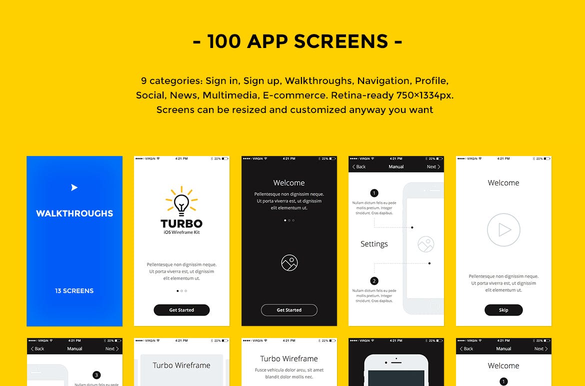 100个iOS应用界面设计线框图设计套件 Turbo iOS Wireframe Kit插图(3)
