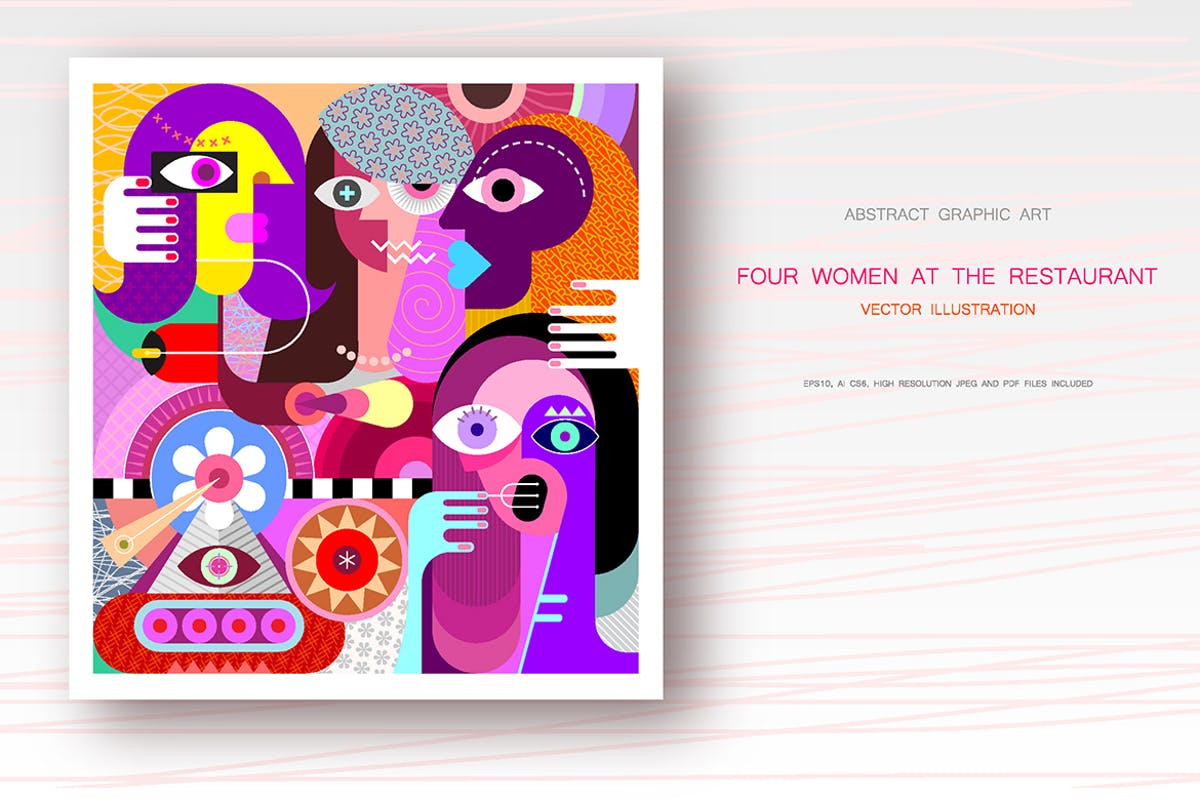 怪诞抽象人物矢量艺术作品v3 Four Women at the Restaurant vector illustration插图