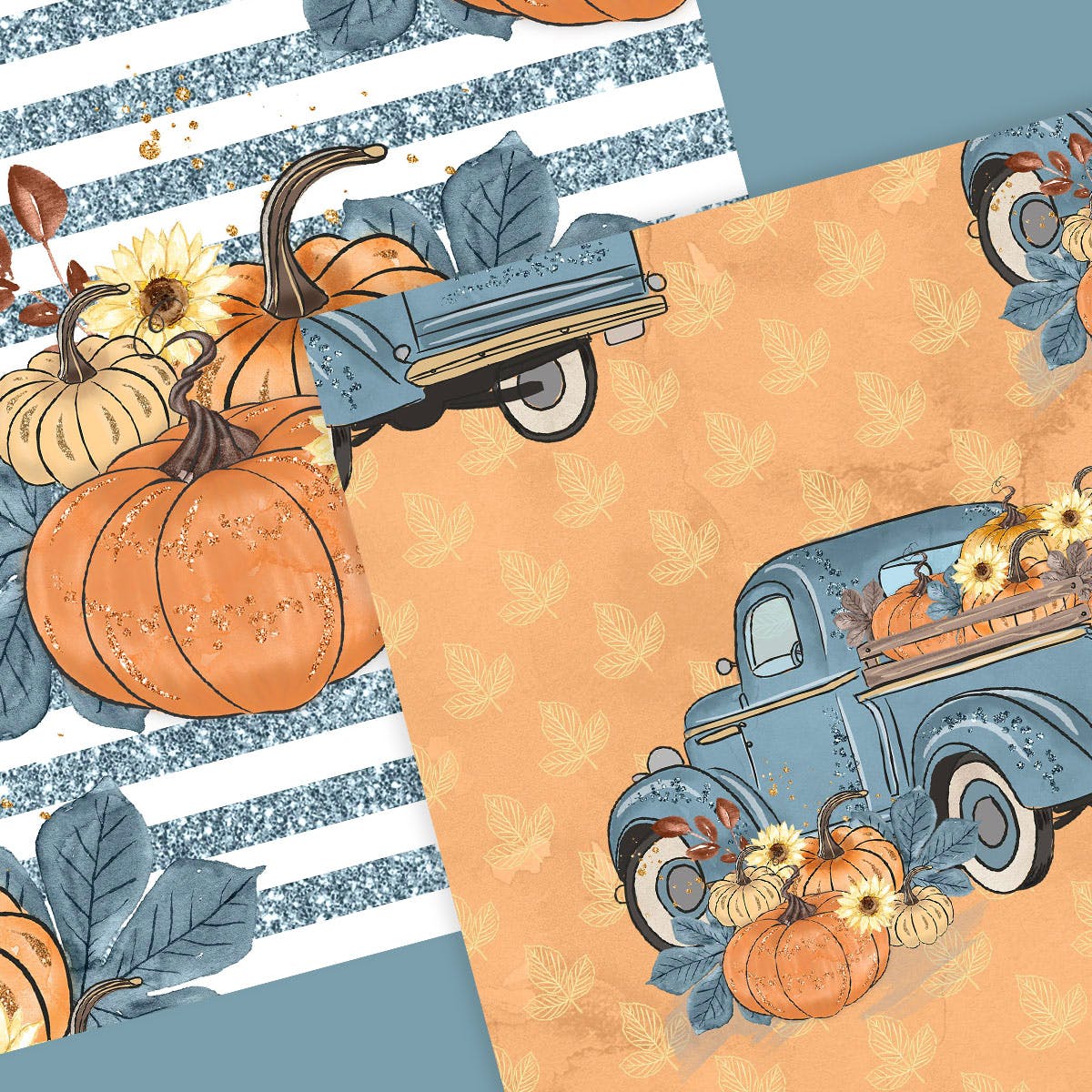 蓝色水彩手绘南瓜车数码纸张图案设计素材 Pumpkin Truck Blue digital paper pack插图(2)