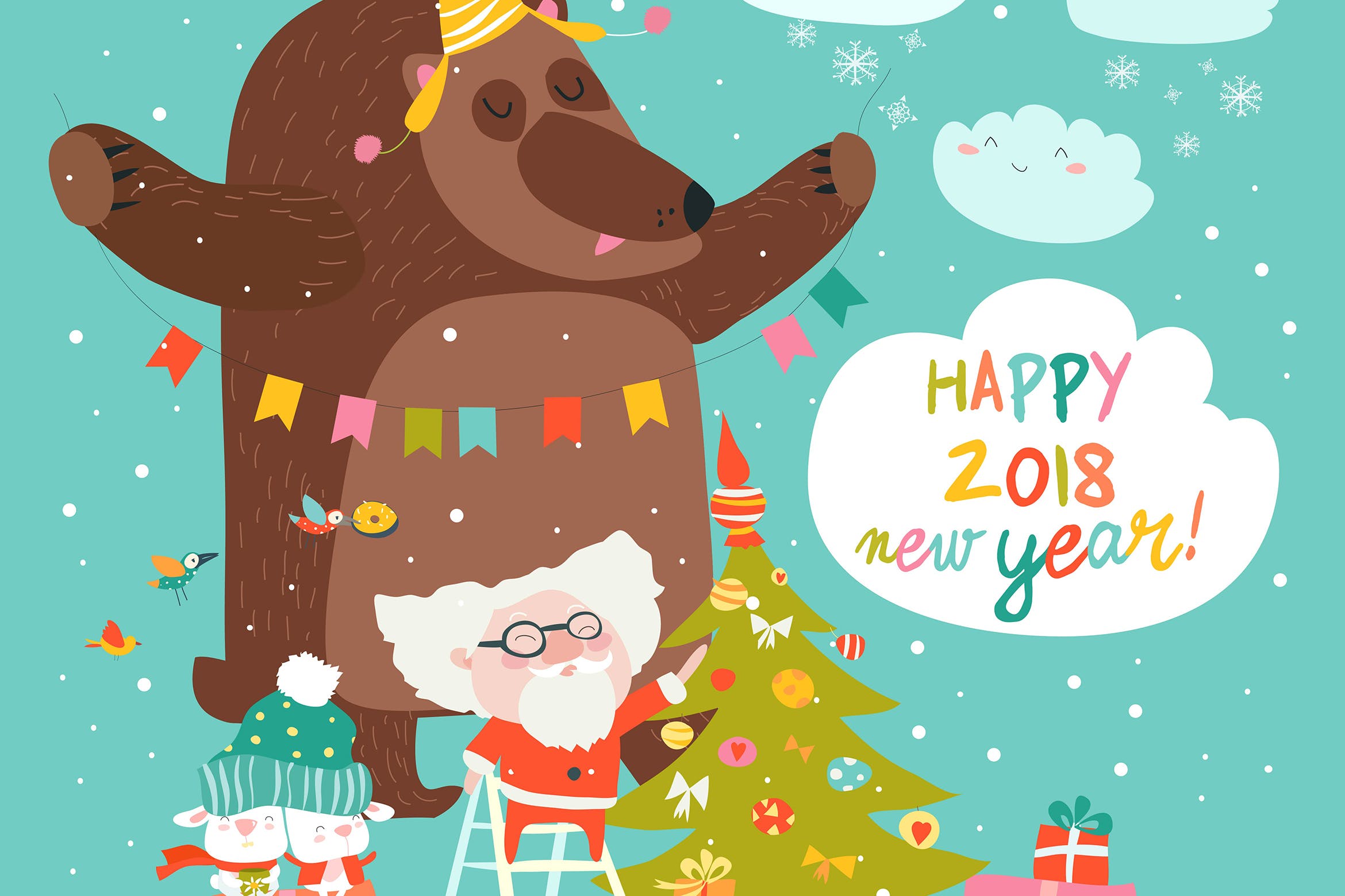圣诞老人与熊圣诞贺卡矢量设计模板 Vector Christmas card with santa claus and bear插图