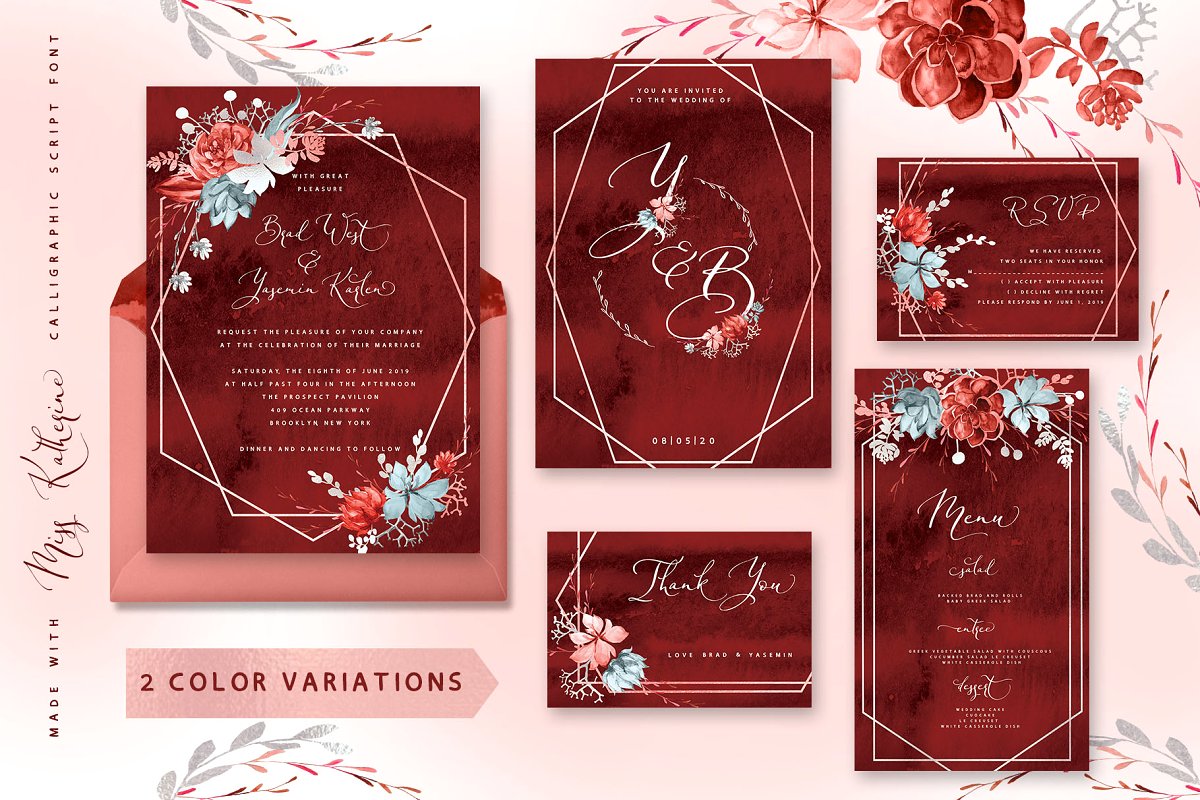 珊瑚花卉婚礼图案&字体套装插图(1)
