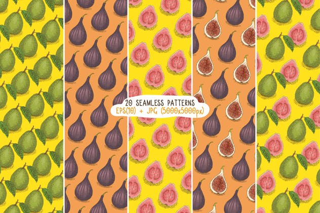 20款手绘水果图案无缝纹理第二波 Fruits Seamless Patterns Set插图(2)