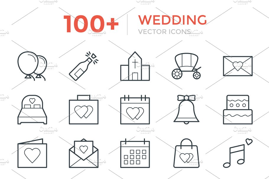 100多个婚礼/婚庆线型矢量图标  100+ Wedding Vector Icons插图