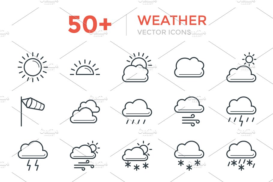50+天气预报符号线条ico图标 50+ Weather Vector Icons插图