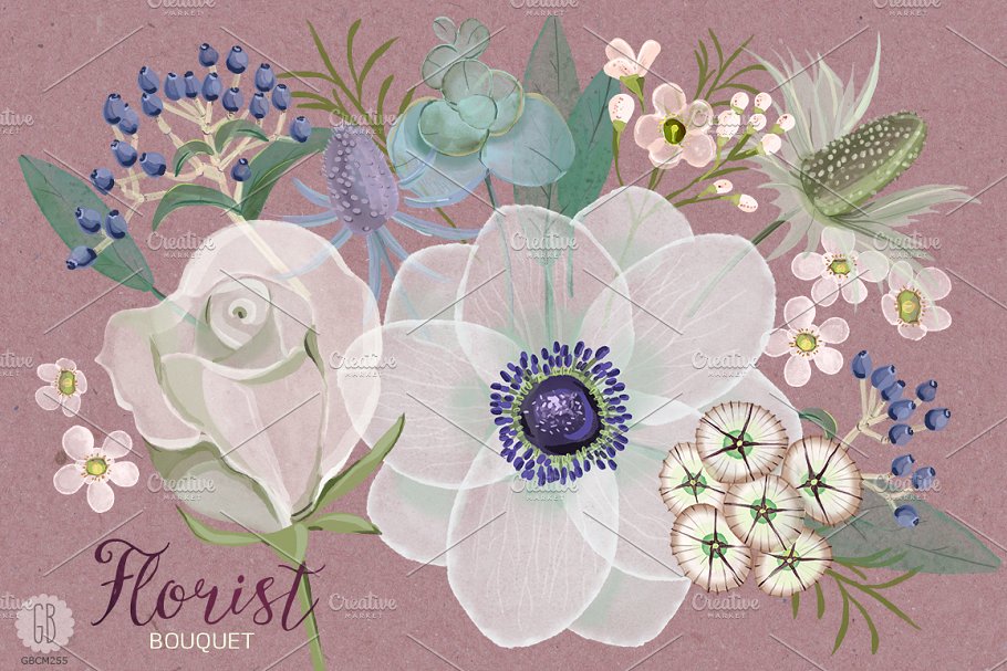 淡雅水彩海葵花束插画艺术素材 Watercolor florist bouquet anemone插图