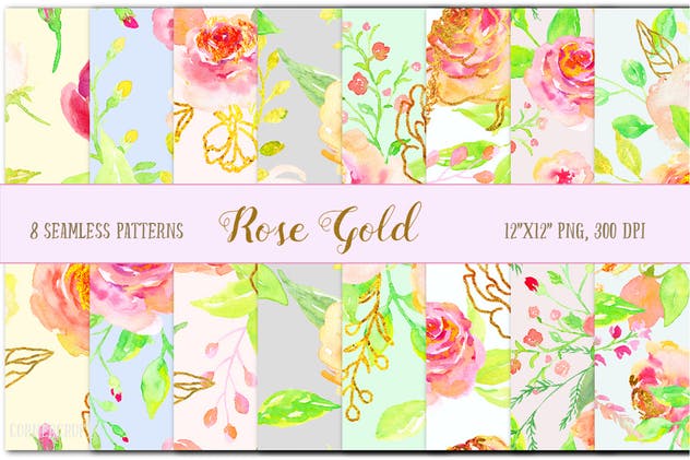 玫瑰金水彩花卉设计素材套装 Watercolor Design Kit Rose Gold插图(3)