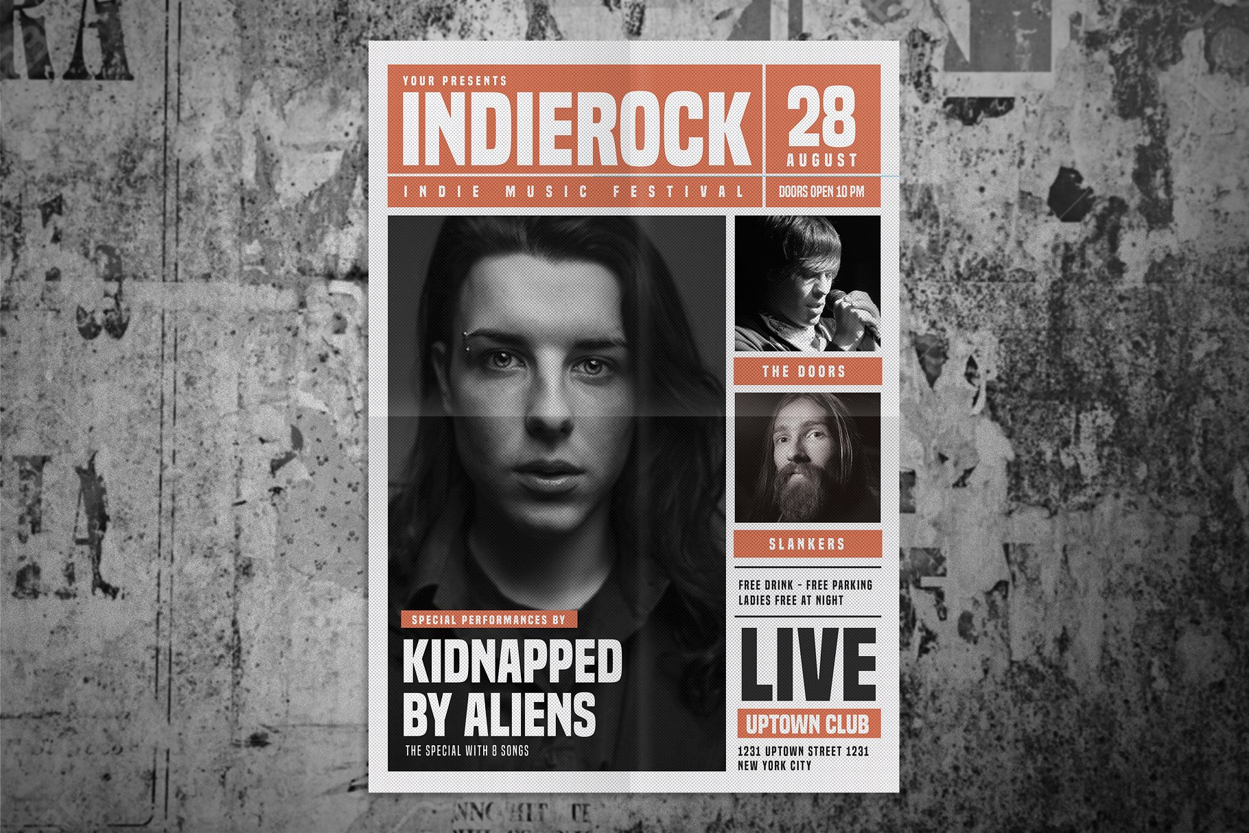 独立摇滚音乐报纸风格海报设计模板 Indie Rock Newspaper Style Flyer插图(5)