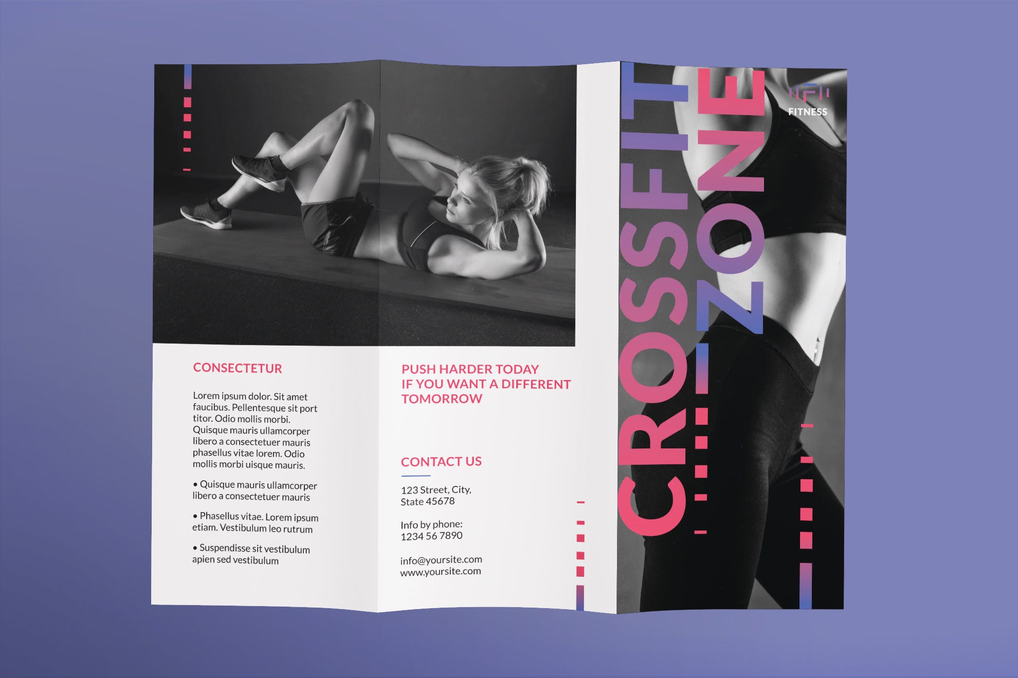 健身俱乐部/工作室三折页宣传单设计模板 Fitness Studio Brochure Trifold插图(1)
