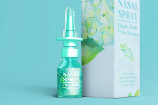 滴鼻瓶外观及包装设计样机模板 Nasal Spray Clear Bottle With Box Mockup插图(11)