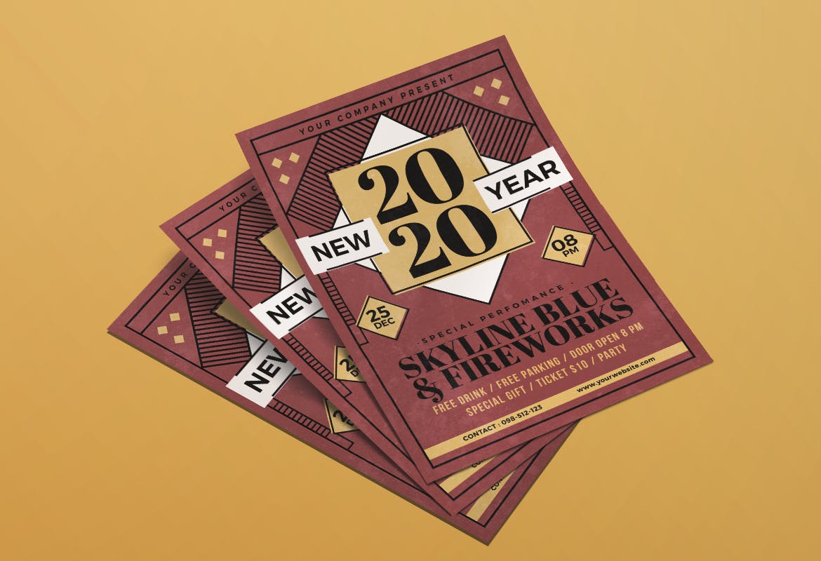 复古设计风格2020年新年庆祝活动海报传单模板 New Year Party Flyer插图(2)
