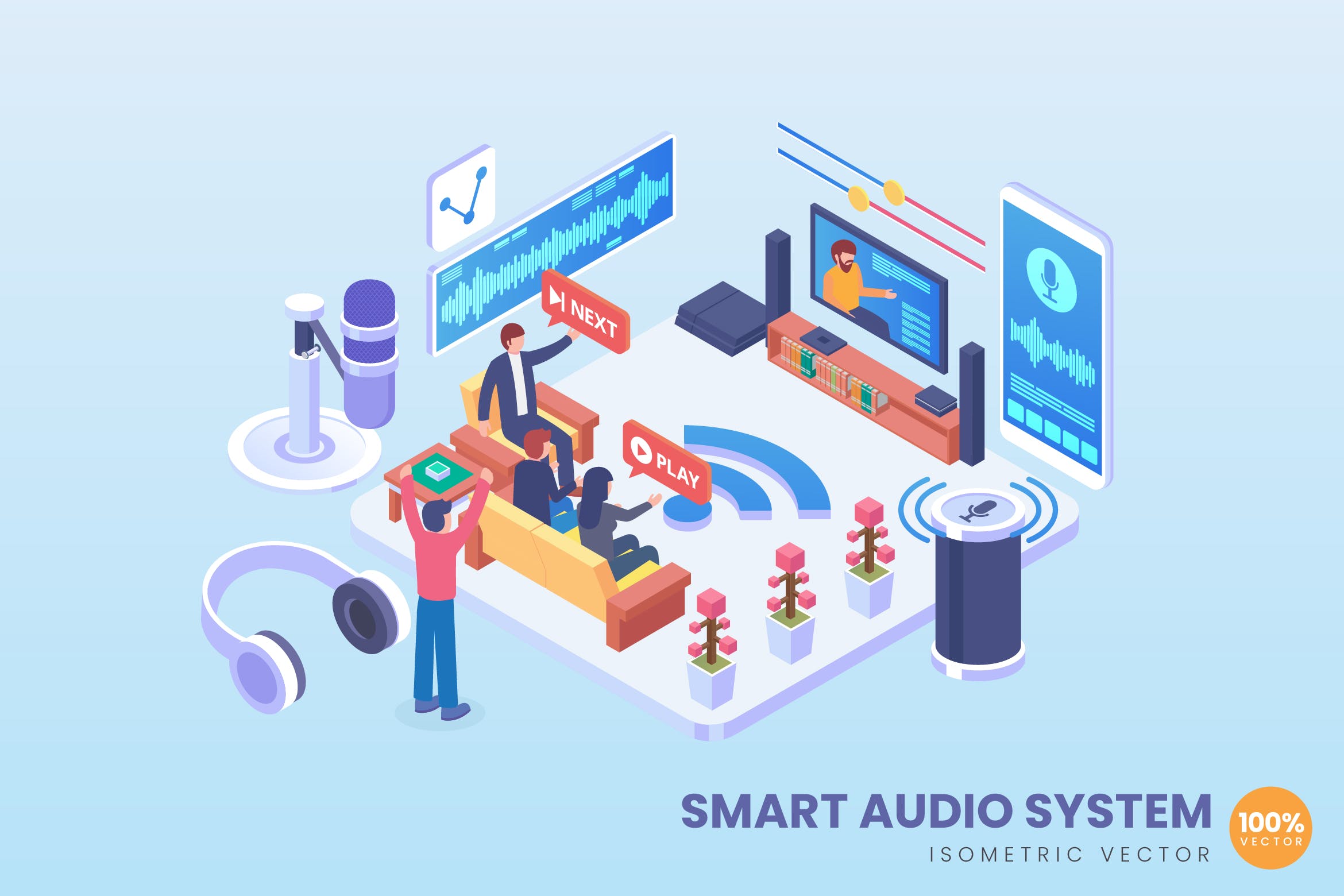 智能音频系统场景2.5D等距概念矢量插画 Isometric Smart Audio System Vector Concept插图