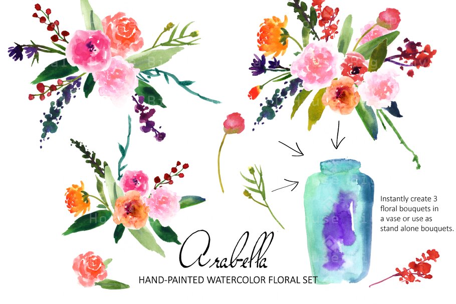 鲜艳水彩艺术插花剪贴画合集 Arabella- Watercolor Clip Art Set插图(1)